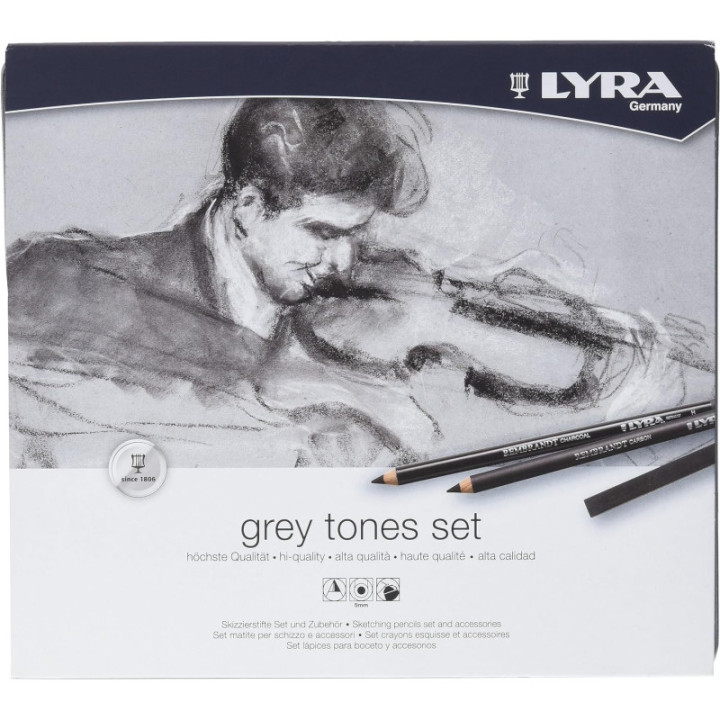 Crayons esquisse - Pastels - Tons gris - Beaux-arts - Boîte métal - 25 pièces - Lyra