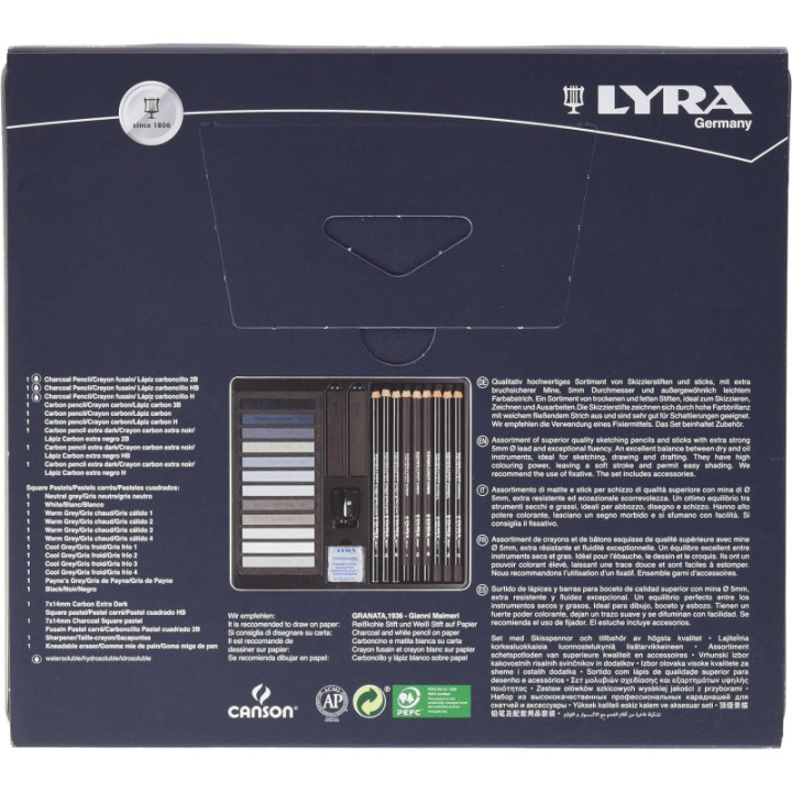 Crayons esquisse - Pastels - Tons gris - Beaux-arts - Boîte métal - 25 pièces - Lyra