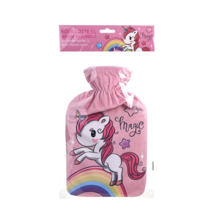 Bouillotte - 1L - Housse en flanelle - Licorne magique - Eau chaude - Enfant