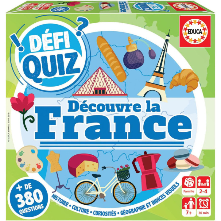 Jeu de société - Défi quiz - Découvre la France - Questions réponses - Pour la famille - Educa