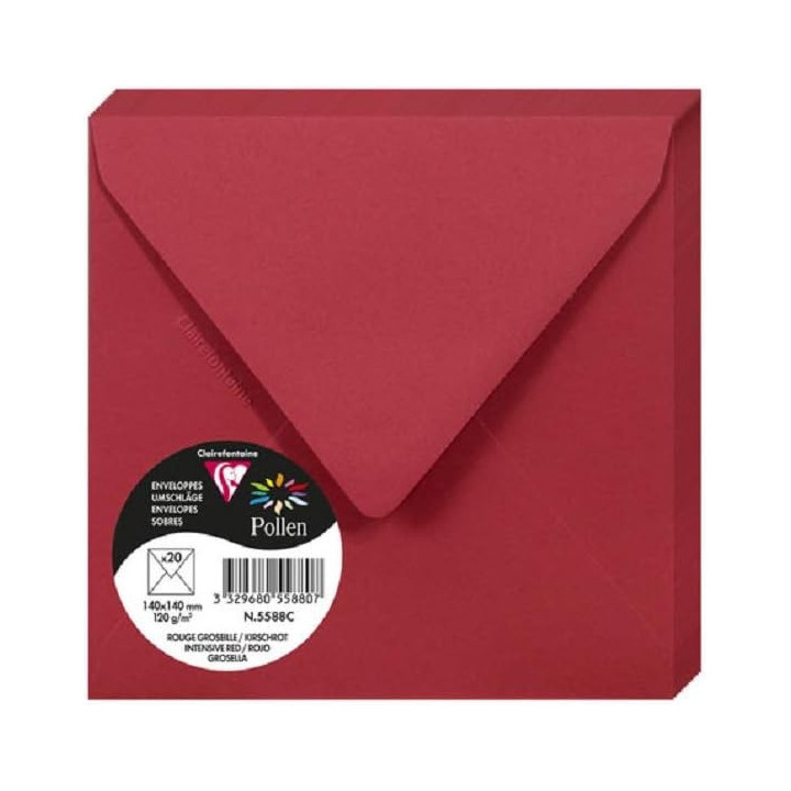 Enveloppes - Carré - 140x140mm - Pollen - Rouge groseille - 20 unités - Clairefontaine