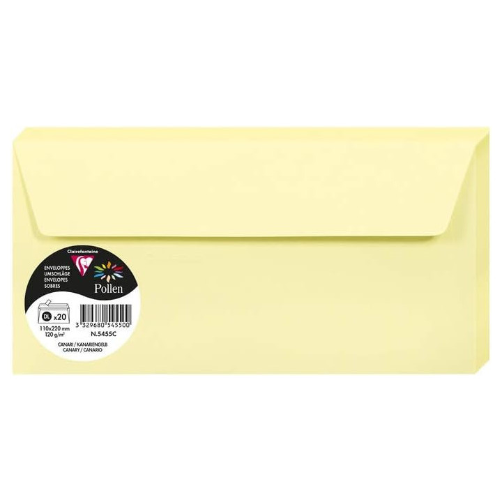 Enveloppes - Format DL - 110x220mm - Canari - 20 unités - Clairefontaine