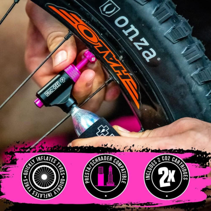 Kit de gonflage - Pneu de vélo MTB - Réparation - 2 cartouches - Tête - Manchon - Muc-Off
