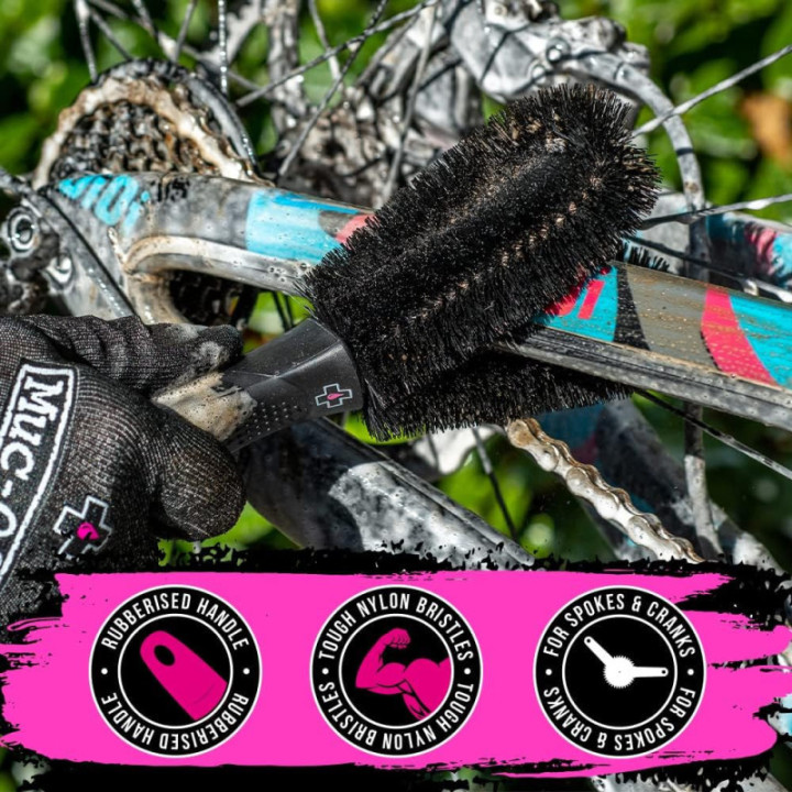 Brosse à 2 têtes - Pour zones difficiles - Vélo, rayons, disques, pédales - Muc-Off