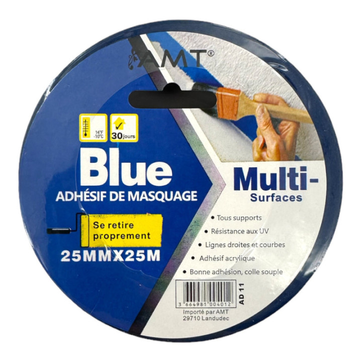 Ruban adhésif - Masquage - Tous supports - 25mmx25m - Bleu - Travaux peinture - AMT