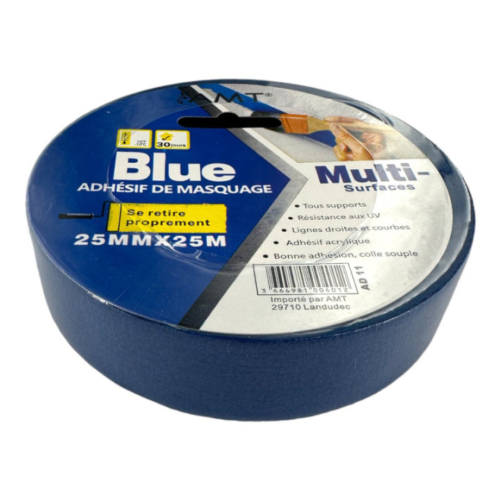 Ruban adhésif - Masquage - Tous supports - 25mmx25m - Bleu - Travaux peinture - AMT