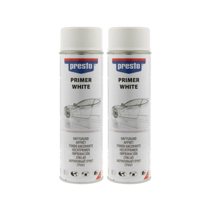 2 bombes d'apprêt - Sous-couche - Blanc - Pour peinture claires - Carrosserie - Presto - 500ml