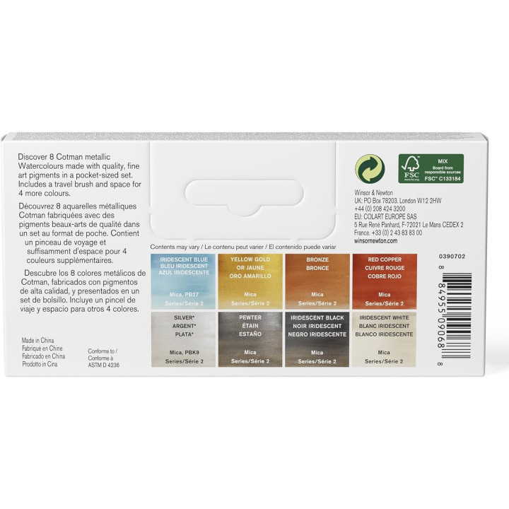 Coffret - Peinture aquarelle - 8 couleurs métalliques - Winsor et Newton - Cotman