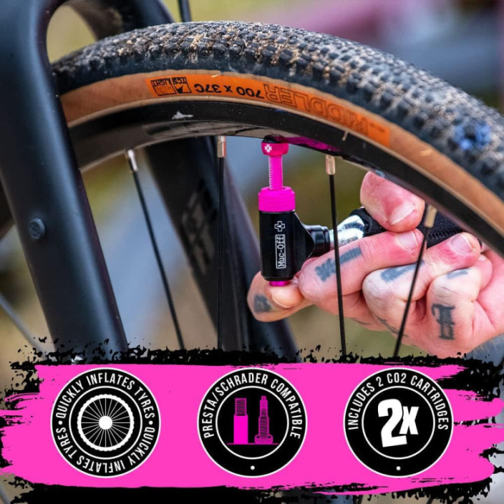 Kit de gonflage - Pneu de vélo de route - Réparation - 2 cartouches - Tête - Manchon - Muc-Off