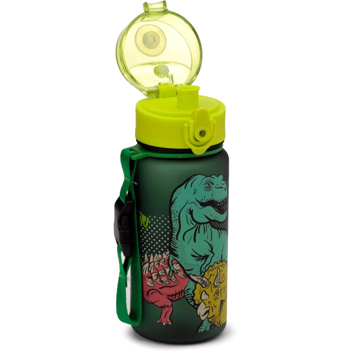 Gourde - Enfant - 350ml - Plastique - Avec anse - Vert/Noir - Dinosaure