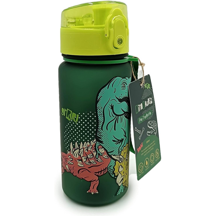 Gourde - Enfant - 350ml - Plastique - Avec anse - Vert/Noir - Dinosaure