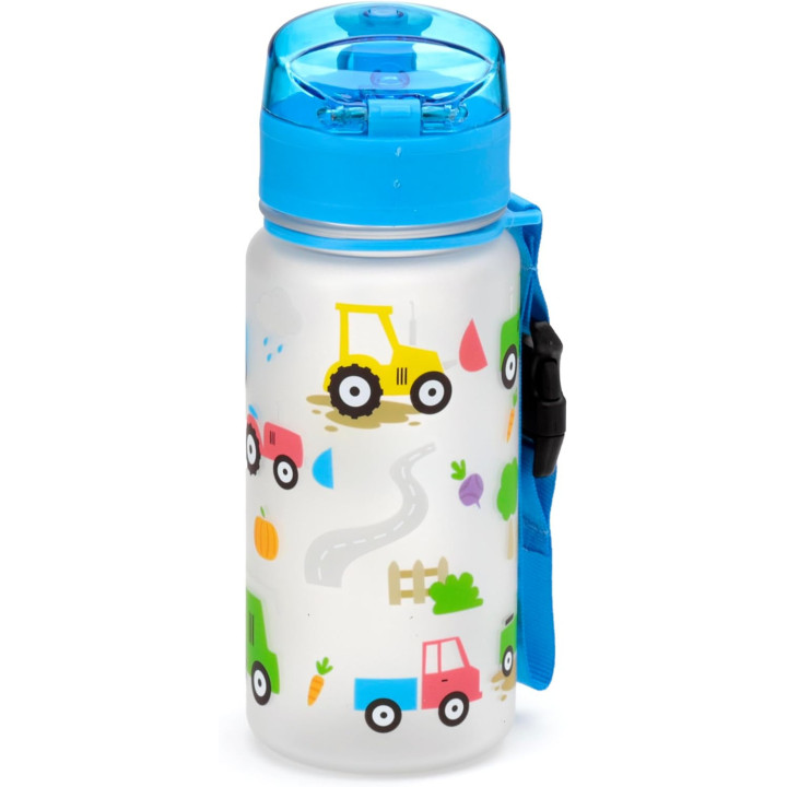 Gourde - Enfant - 350ml - Plastique - Avec anse - Bleu - Tracteurs - Voitures