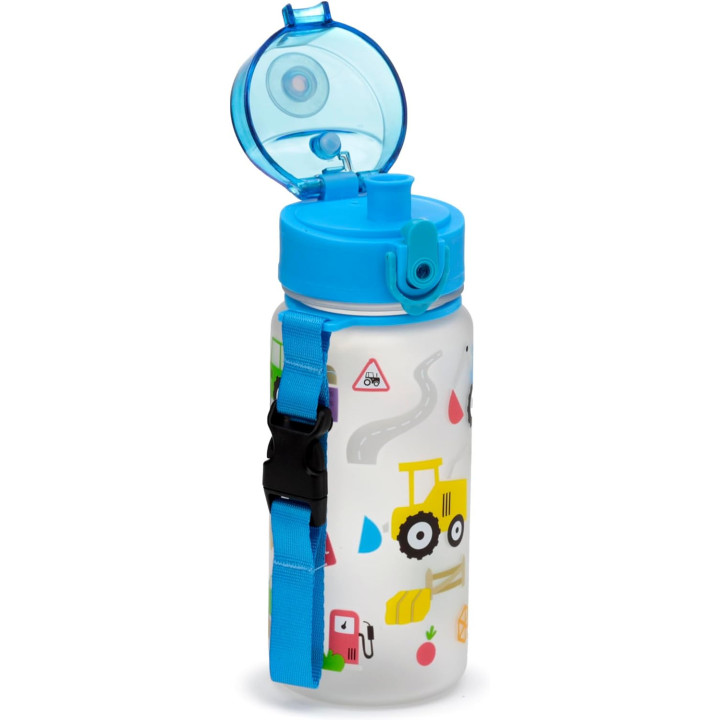 Gourde - Enfant - 350ml - Plastique - Avec anse - Bleu - Tracteurs - Voitures
