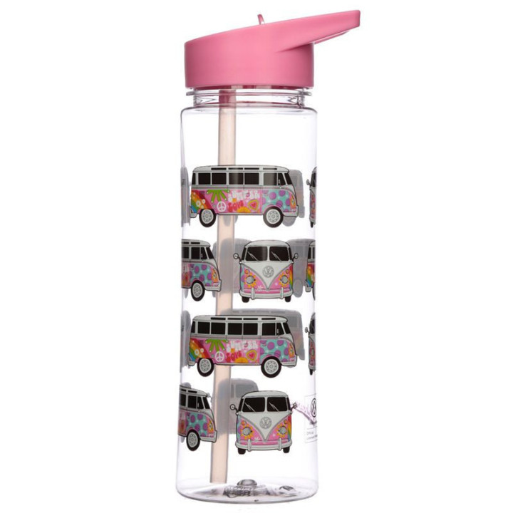 Gourde - Plastique - Avec paille - Sans BPA - 550ml - Rose - Combi VW - Hippie