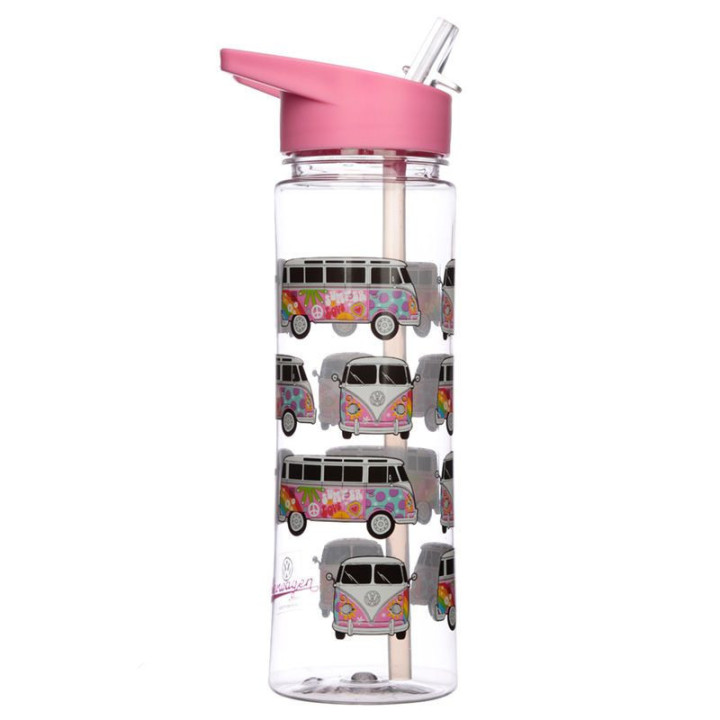 Gourde - Plastique - Avec paille - Sans BPA - 550ml - Rose - Combi VW - Hippie