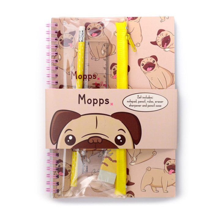 Set de papeterie - Petit chien carlin - Kawaï - Carnet + accessoires + trousse