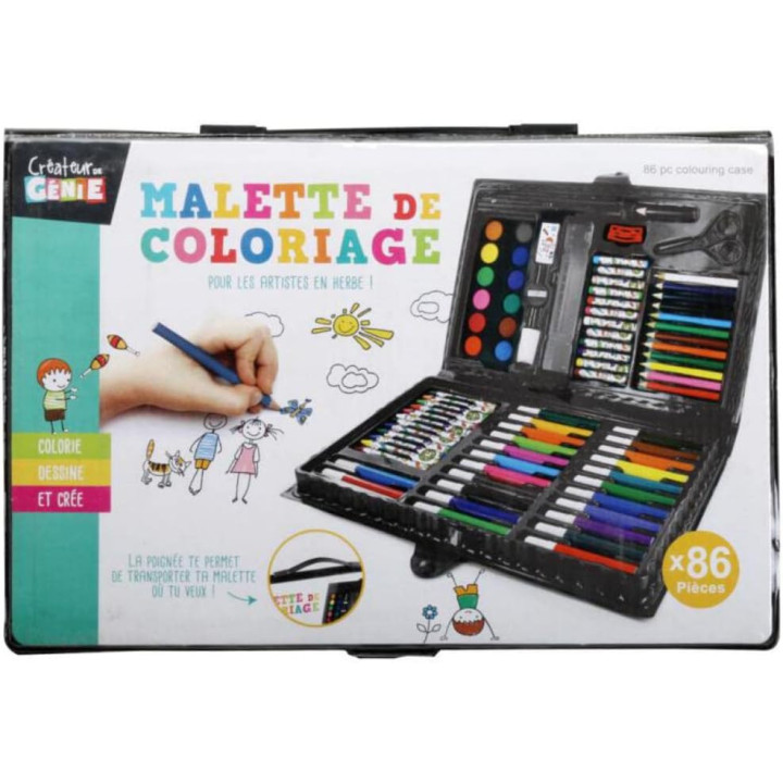 Mallette de coloriage - Crayons, feutres, peinture, craies, ciseaux - 86 pièces - Enfant