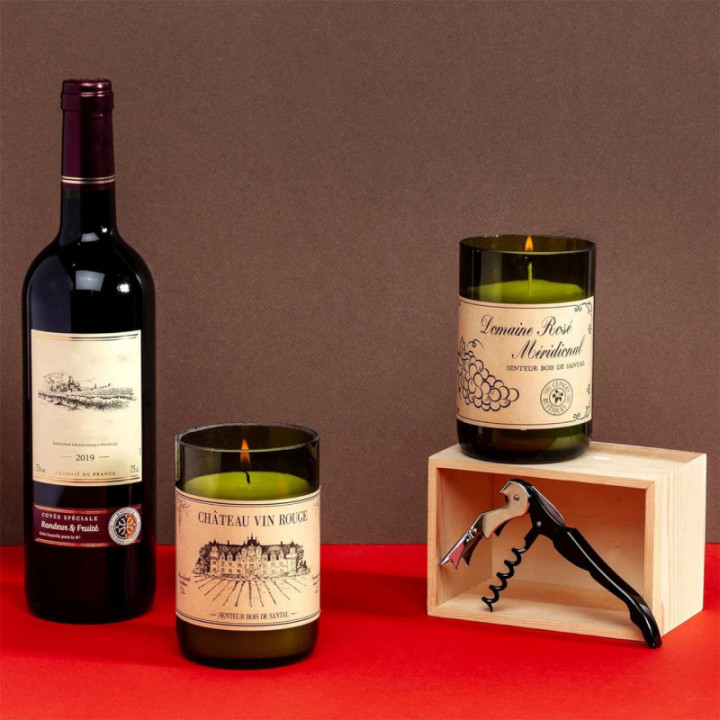 Bougie parfumée - Bouteille de vin - Coffret bois - Parfum bois de santal - 13cm