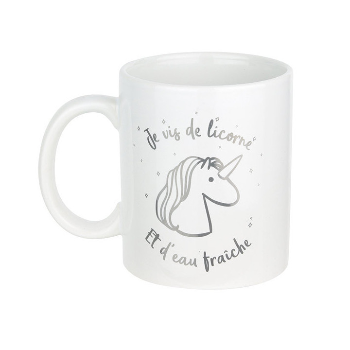 Mug - Tasse - Licorne - Je vis de licorne et d'eau fraîche - Céramique - Blanc