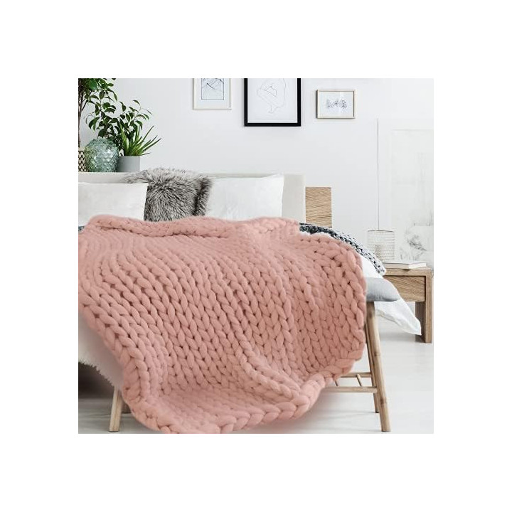 Plaid - Couverture - Rose - Grosse maille - Chaude - Cocooning - Cosy - 1,5x1,2m