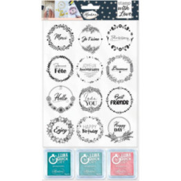 Tampons - Loisirs créatifs - Scrapbooking - Couronnes expressions - 12 pièces + 3 encreurs - Aladine