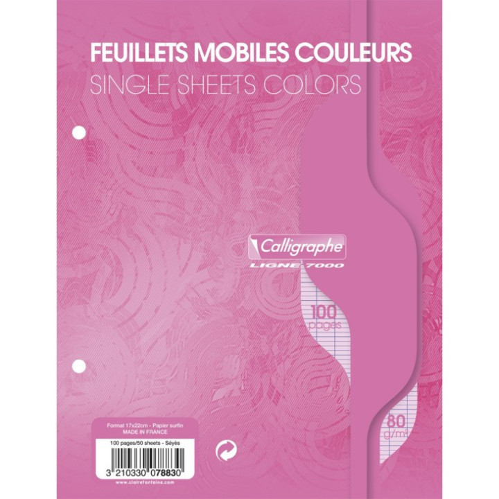 Feuilles simples - Petit format - Grands carreaux - Rose - Perforées - 100 feuilles - Clairefontaine