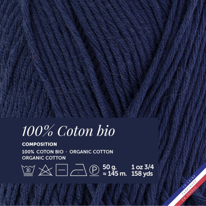 Pelote de laine - Marin - 100% coton bio - 3mm - Tricot et crochet - Bergère de France