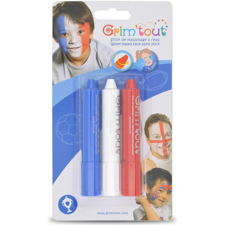 Maquillage - 3 sticks - Bleu, blanc et rouge - Déguisement - Supporteur - Hypoallergénique