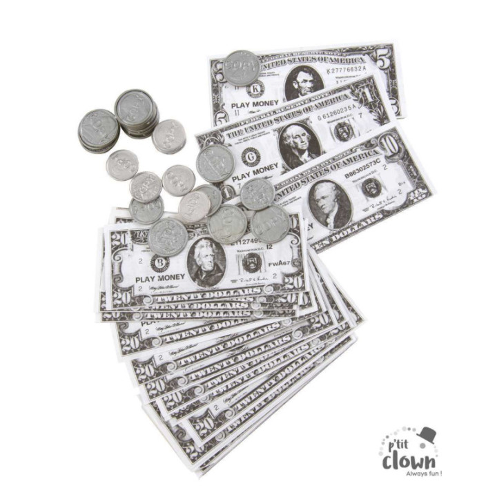 Faux billets et pièces - Dollars - Plastique - Jeu - Déguisement - Chasse aux trésors