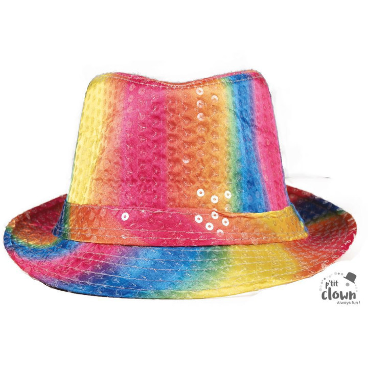 Chapeau à paillettes - Multi couleur - Borsalino - Déguisement - Disco - Année 80 - Taille unique