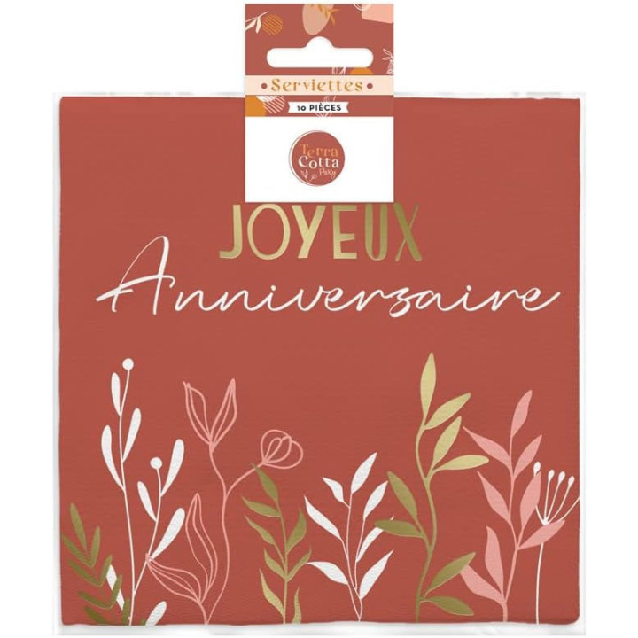 Lot de 10 serviettes - Joyeux anniversaire - Terracotta - 33x33cm