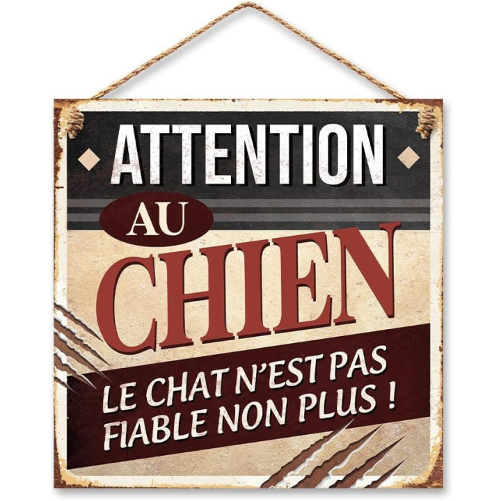 Plaque vintage - Attention au chien - Métal - 20x20cm - A suspendre - Décoration