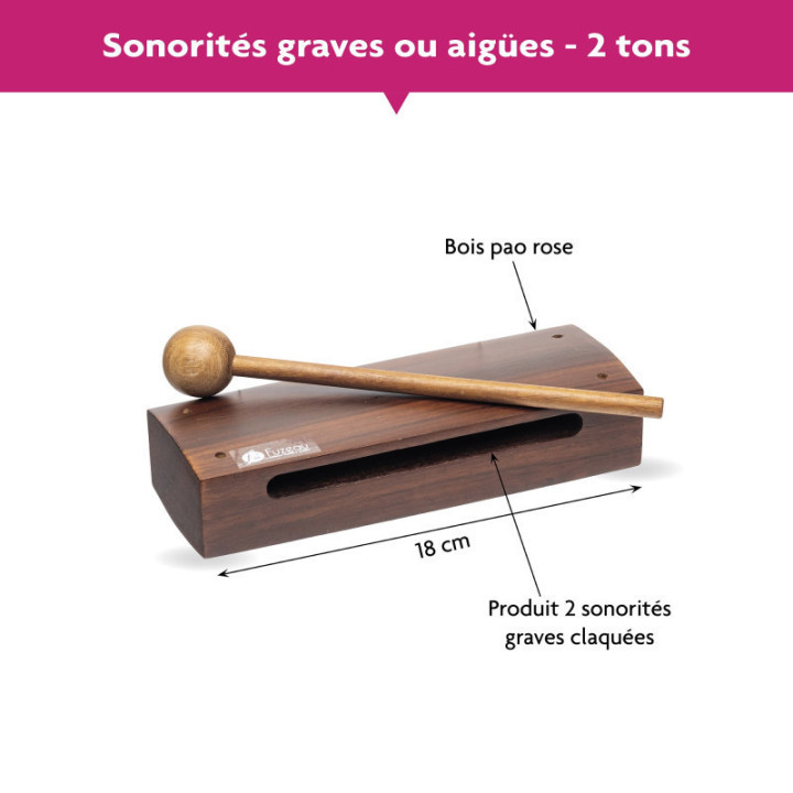 Wood block - Bois PAO Rose - 2 tons - Instrument de musique - Enfant dès 3 ans
