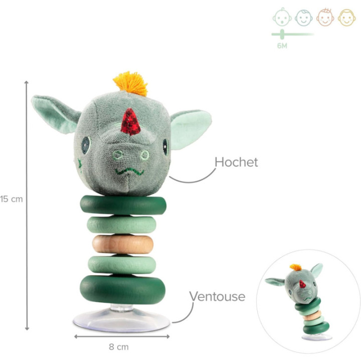 Jeu d'éveil - Hochet - Avec ventouse - Dès la naissance - Lilliputiens - Joe le dragon