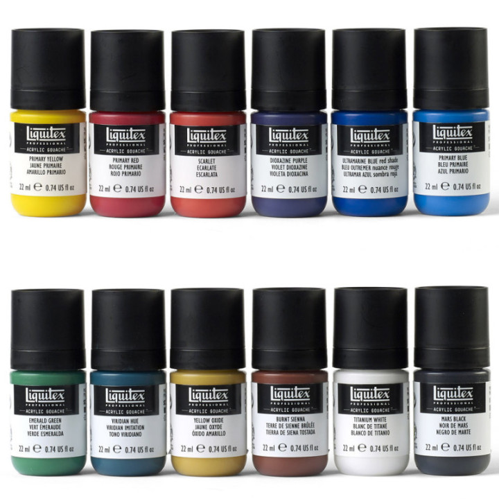 Gouache acrylique - Mate - 12 couleurs - Flacons 22ml - Liquitex - Beaux-arts