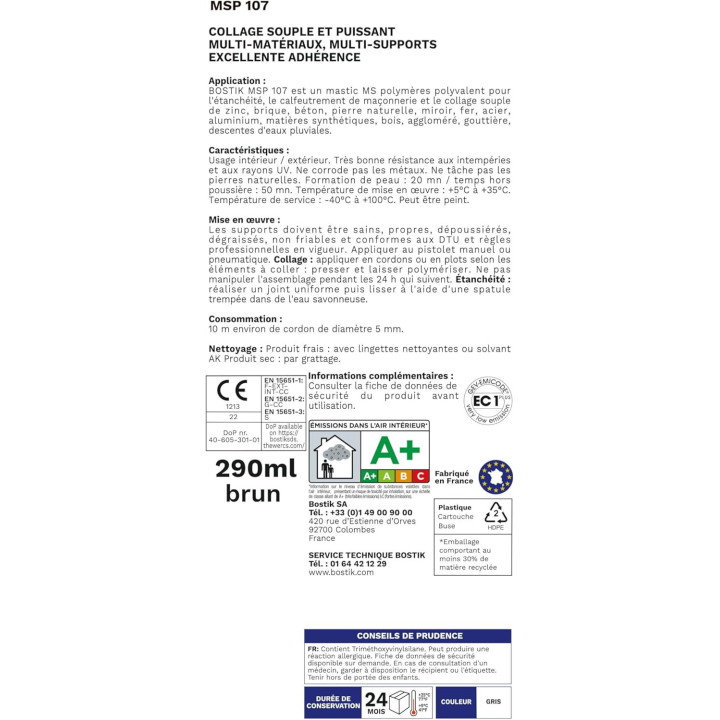 Mastic - MS polymères - Gris - Etanche et fixation - Spécial zinc - Bostik - 300ml