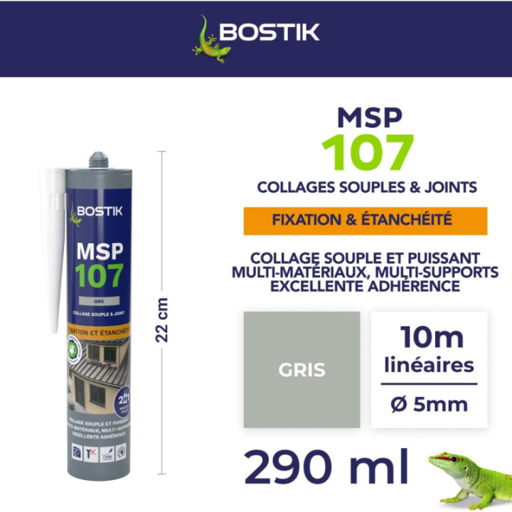 Mastic - MS polymères - Gris - Etanche et fixation - Spécial zinc - Bostik - 300ml
