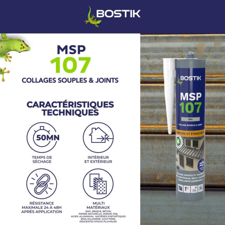 Mastic - MS polymères - Gris - Etanche et fixation - Spécial zinc - Bostik - 300ml