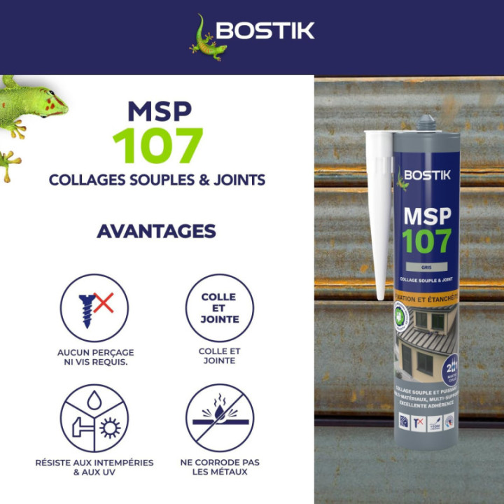 Mastic - MS polymères - Gris - Etanche et fixation - Spécial zinc - Bostik - 300ml
