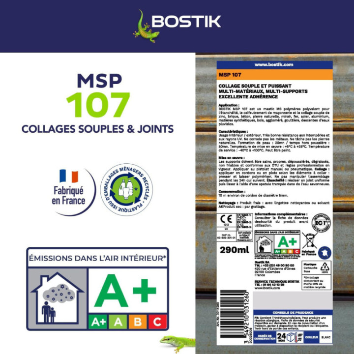 Mastic - MS polymères - Gris - Etanche et fixation - Spécial zinc - Bostik - 300ml