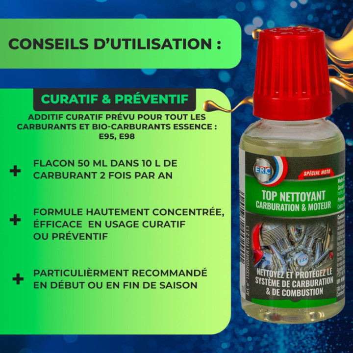 Additif - Nettoyant carburateur, injecteur, soupape - Moto/Scooter - ERC - 50ml