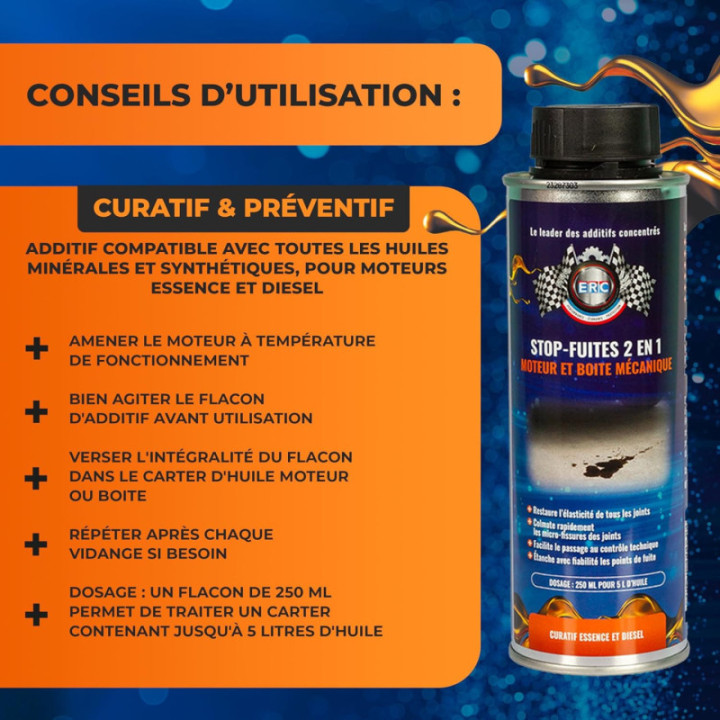 Additif - Stop-fuites 2 en 1 - Moteur et boite mécanique - Essence - Diesel - ERC - 250ml