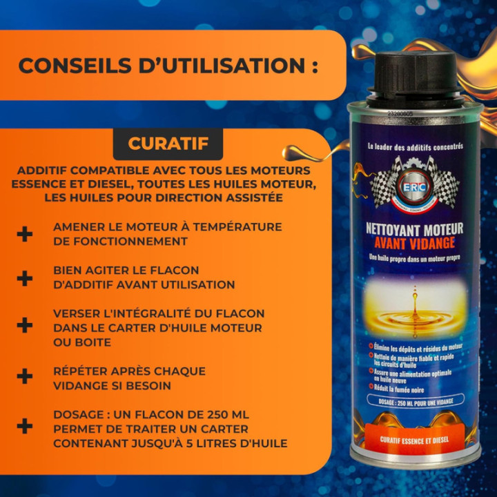 Additif - Nettoyant moteur avant vidange - Essence - Diesel - ERC - 250ml