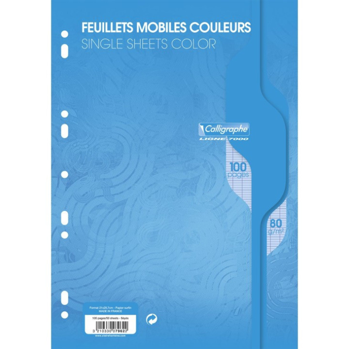 Feuilles simples - A4 - Bleu - Grands carreaux - Perforées - 100 feuilles - Clairefontaine