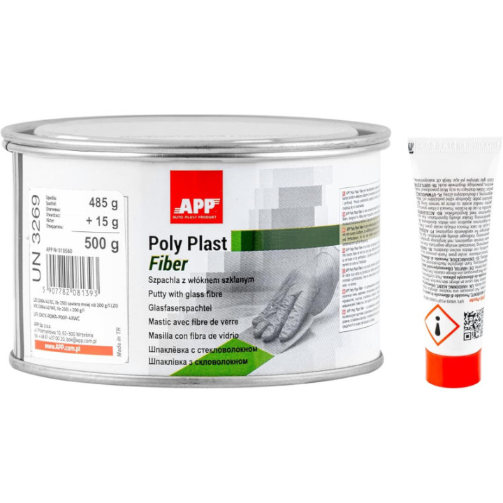 Mastic - Polyester - Durcisseur + fibre de verre - Carrosserie, alu, acier, plastique - APP Poly Plast Fiber