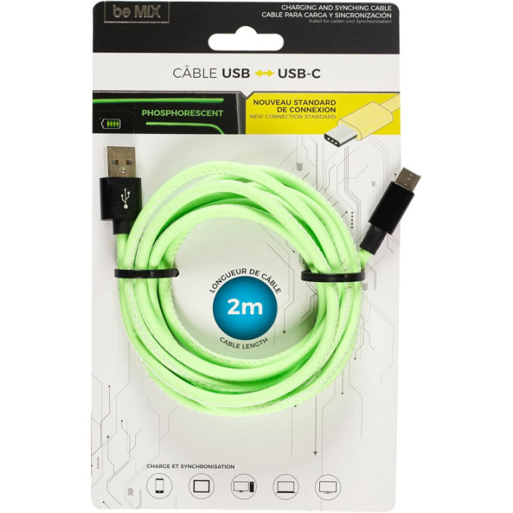 Câble de charge rapide - TYPE C et USB - 2m de longueur - Couleur fluo
