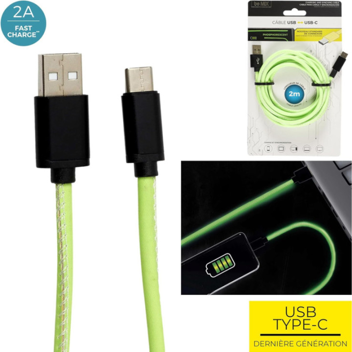 Câble de charge rapide - TYPE C et USB - 2m de longueur - Couleur fluo