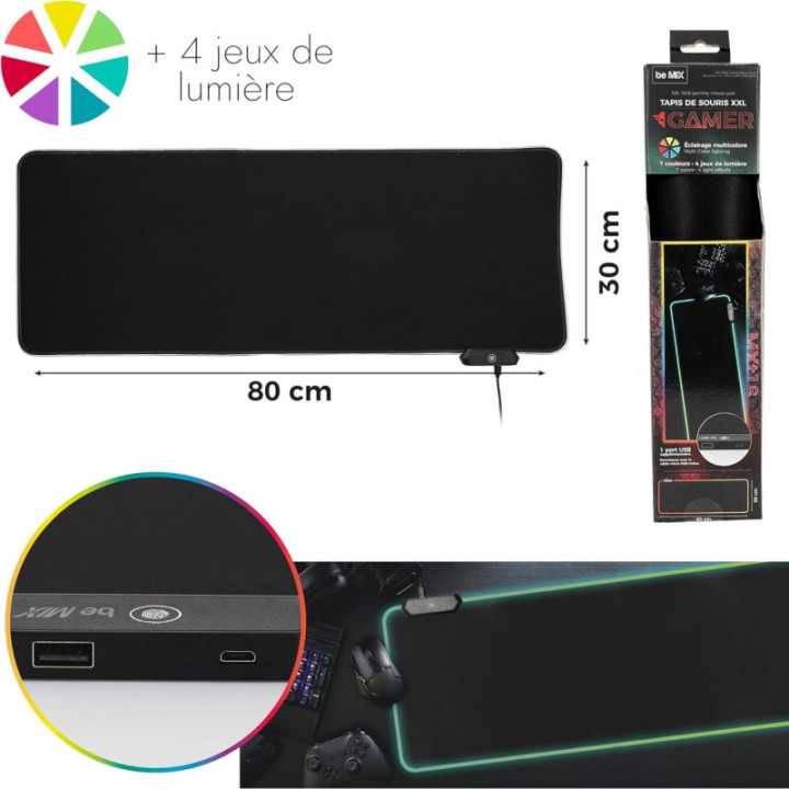 Tapis de souris - Gamer - Noir - Grand format 80x30cm - 2 ports USB + éclairage RGB