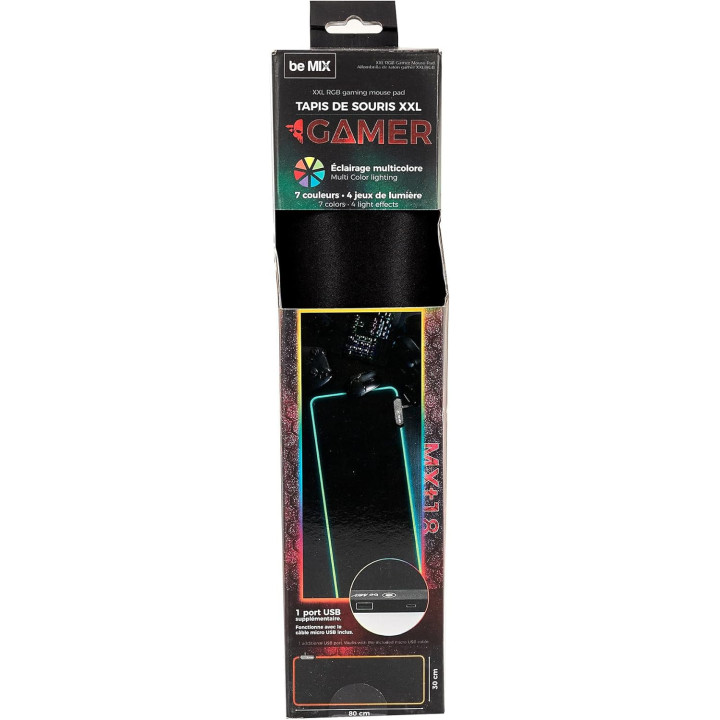 Tapis de souris - Gamer - Noir - Grand format 80x30cm - 2 ports USB + éclairage RGB