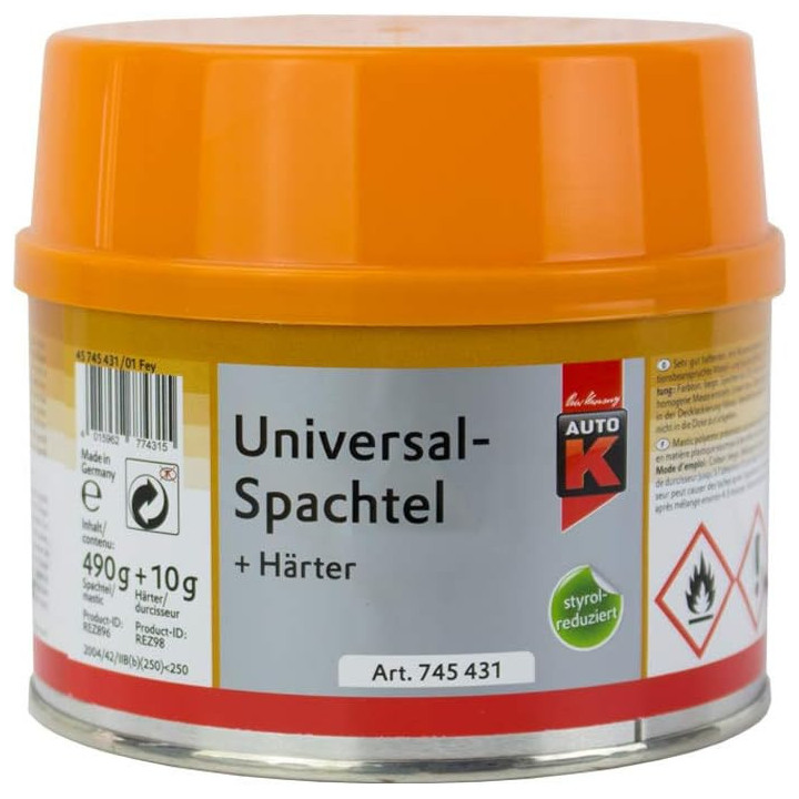 Mastic - Universel - Styrène - Durcisseur inclus - Rebouchage, lissage - Auto-K - 500g